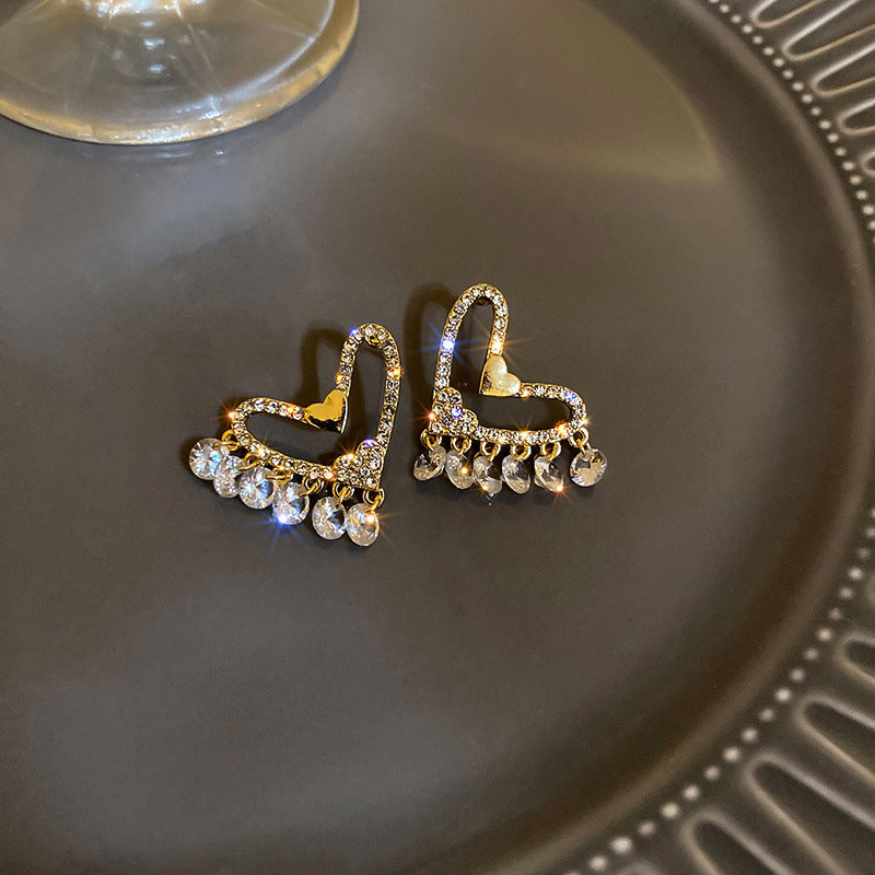 Heart-shaped Zircon Tassel Earrings