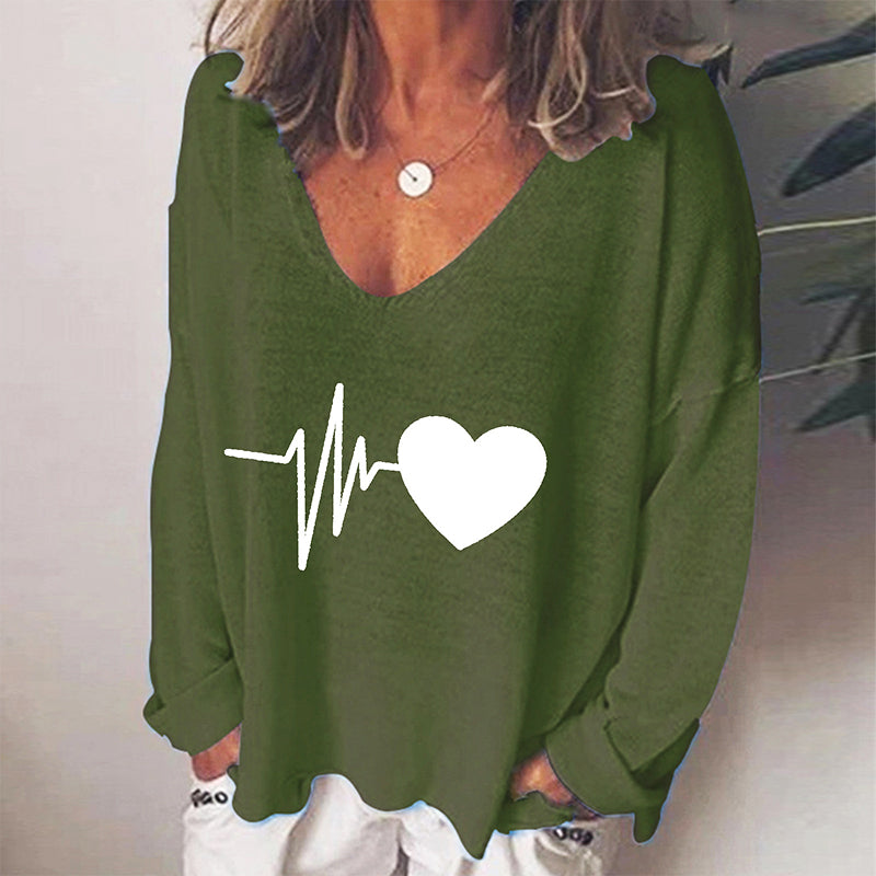 Heart Print V-Neck Long Sleeve T-Shirt