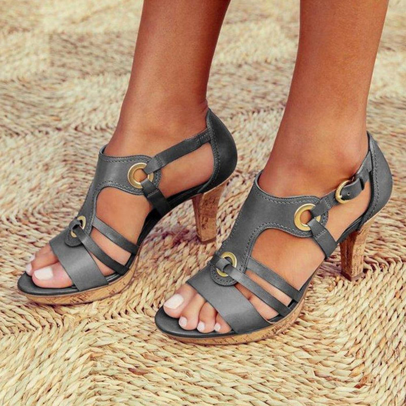 Plain Chunky High Heeled Peep Toe Date Travel Sandals