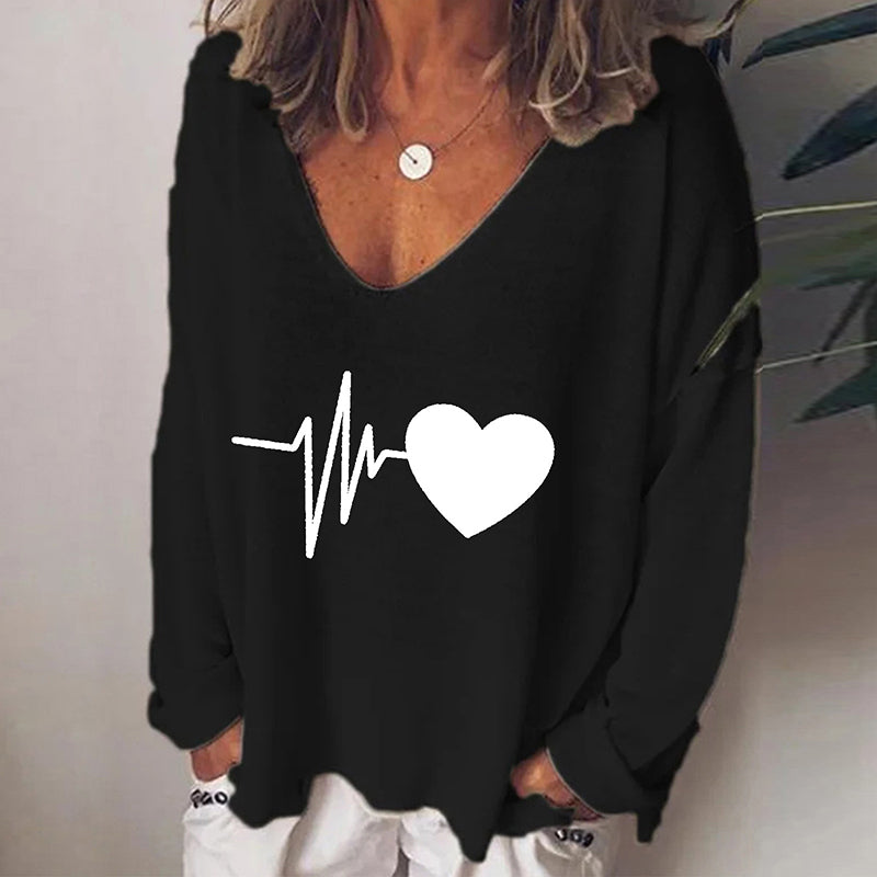 Heart Print V-Neck Long Sleeve T-Shirt